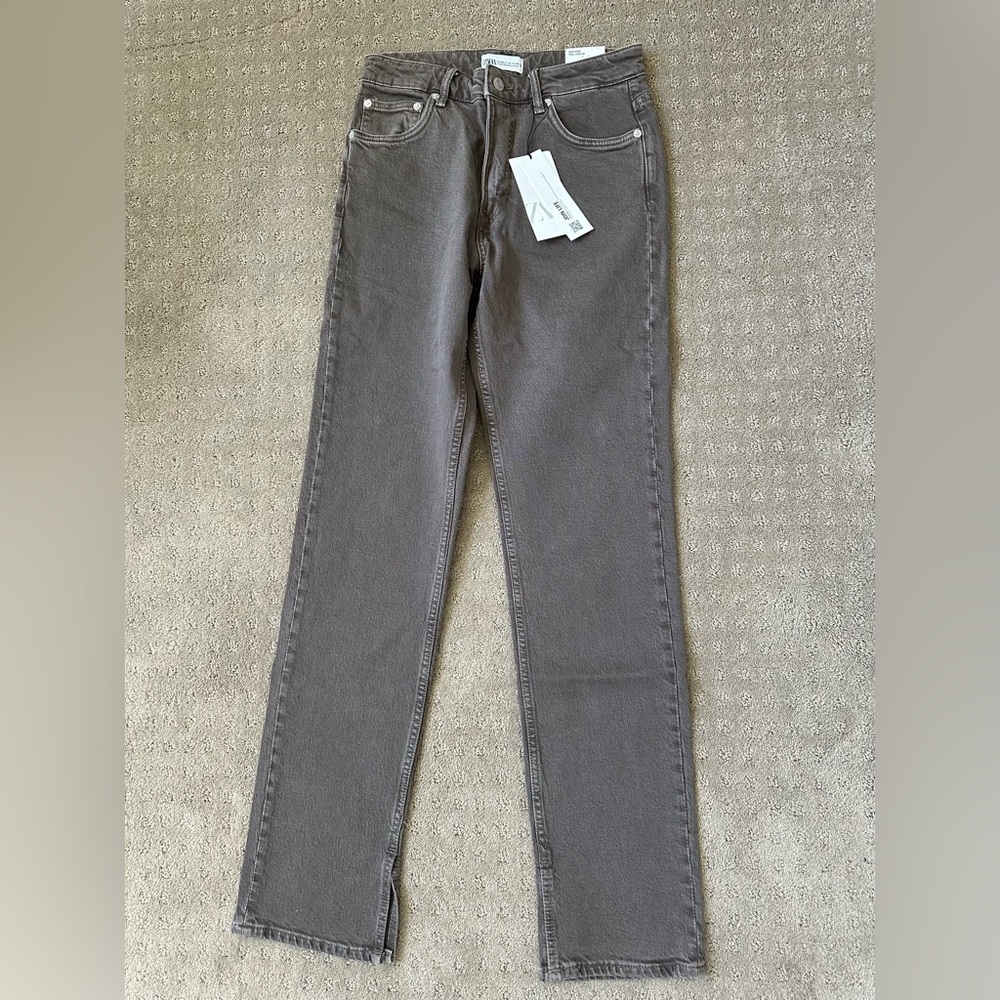 Zara Light Brown, High-Waisted, Straight-Leg Jeans with a split hem (never worn)
